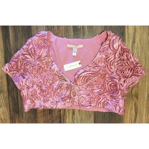 New Hutch Anthropologie Barbiecore Pink 3-D Rose Short Sleeve Tie Crop Sz XS